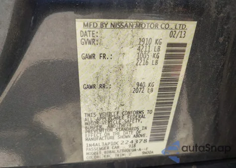 2013 Nissan Altima 2.5 Sl z USA, uszkodzony, nr VIN 1N4AL3AP1DC224378